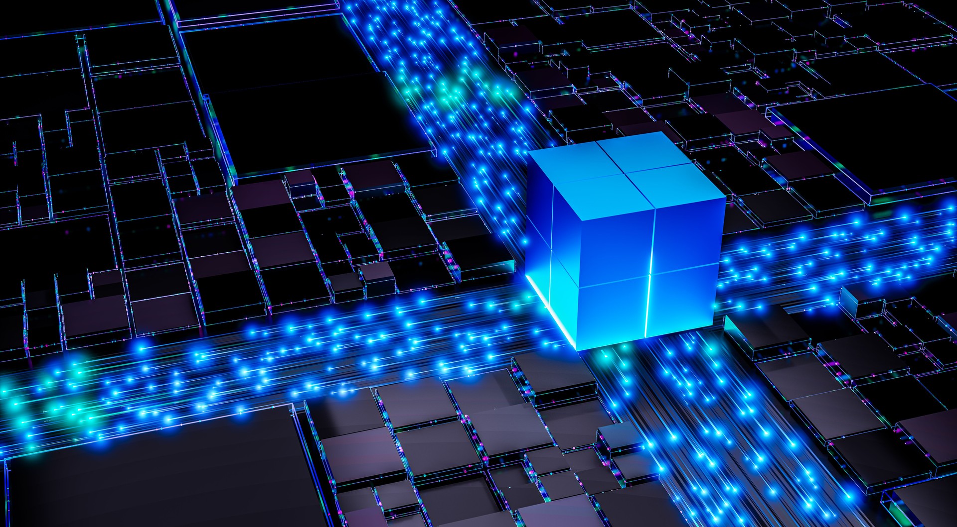 Quantum processor futuristic technology 3D illustration digital computing artificial intelligence cyber network glowing cube sci-fi chip innovation high-tech microchip, AI futuristic circuit